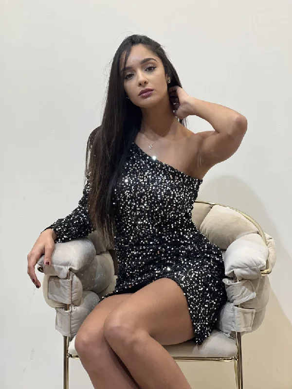 One Shoulder Mini Cocktail Dresses Sequins Long Sleeve Bodycon Evening Gowns Glitter Backless Club Wedding Party Dress New Tunics Timeless classic