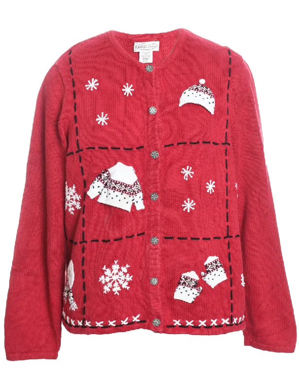 Red Embroidered Christmas Cardigan - L Silk Blend Satin Velvet