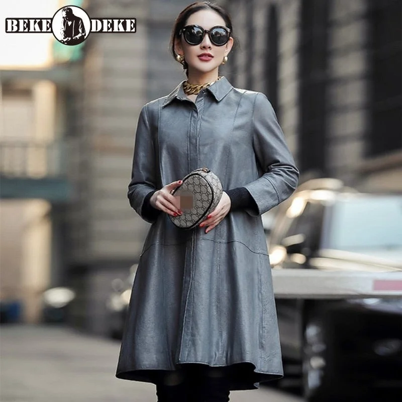 Luxury Elegant 100% Genuine Leather Long Jacket Female Spring Loose Sheepskin Windbreakers Streetwear Party Office Lady Overcoat Denim Jacket Leather Jacket Suede Jacket