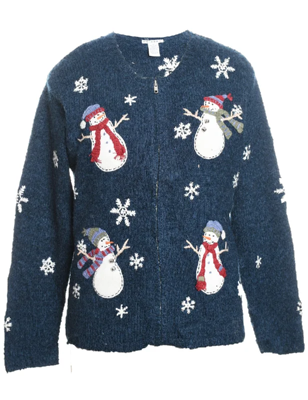 Snowman Design Navy Appliqued Christmas Cardigan - M Button Cardigan Zip Cardigan Pullover Cardigan