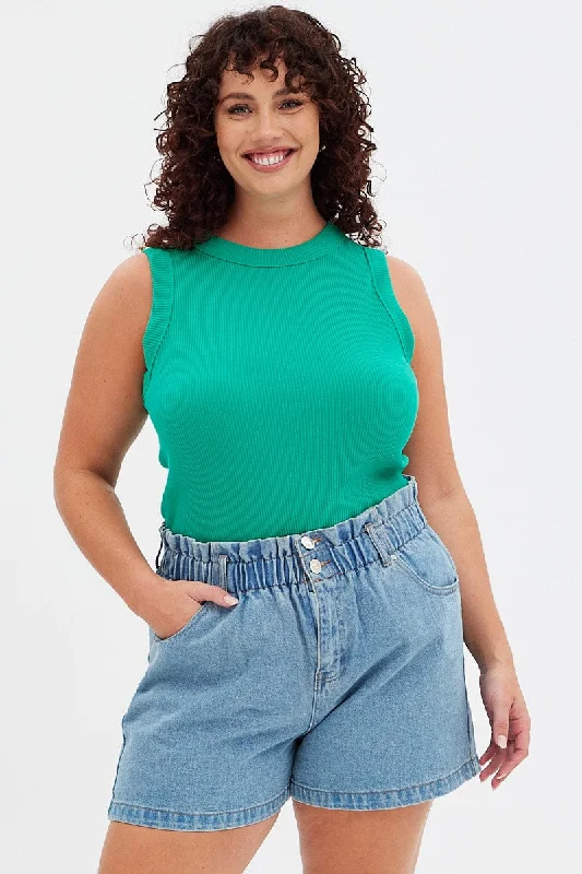 Green Tank Top Sleeveless Crew Neck fitted tank top
