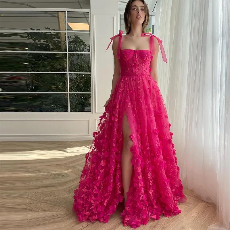 Teen's Tulle A-line Prom Dresses Square Collar Bow Spaghetti Straps Backless High Split Party Dress 3D Appliques Homecoming Gown Tunics Mesh breathable