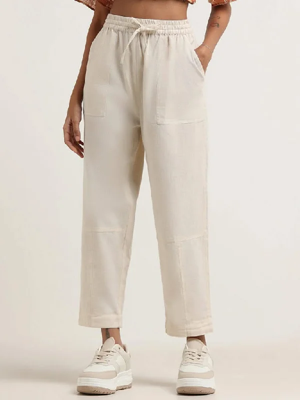Bombay Paisley Off White Cotton Blend High-Waist Pants Slim-Fit Khaki Pants