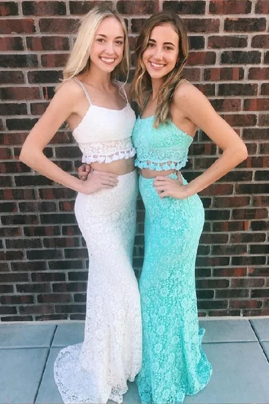 Two Pieces Mermaid Spaghetti Straps Long Lace Prom Dress Sexy Party Dress OKZ86 Tunics Lace romantic