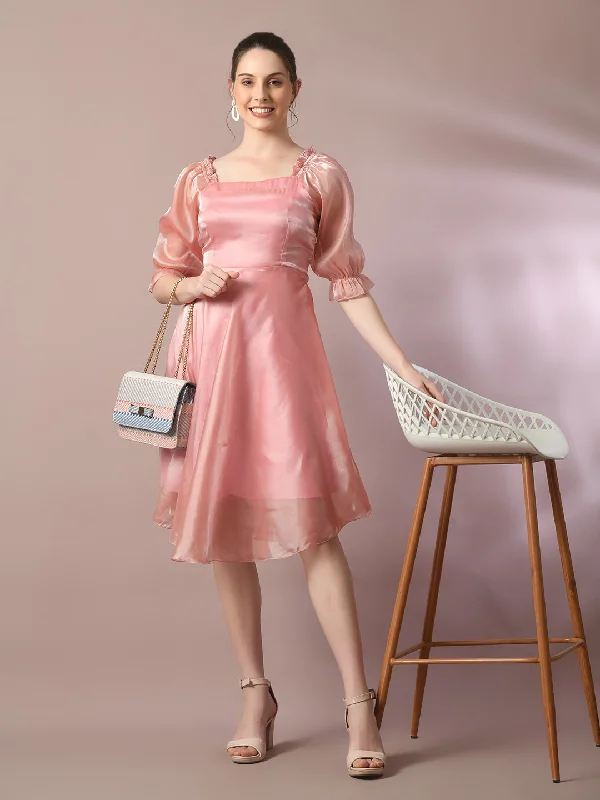 Women's  Pink Solid Square Neck Fit And Flare Party Dress  - Myshka Tunics Bridal satin