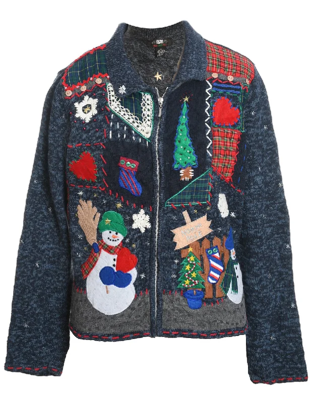 Navy Appliqued Zip-Front Christmas Cardigan - M Cable Knit Ribbed Knit Lace Knit
