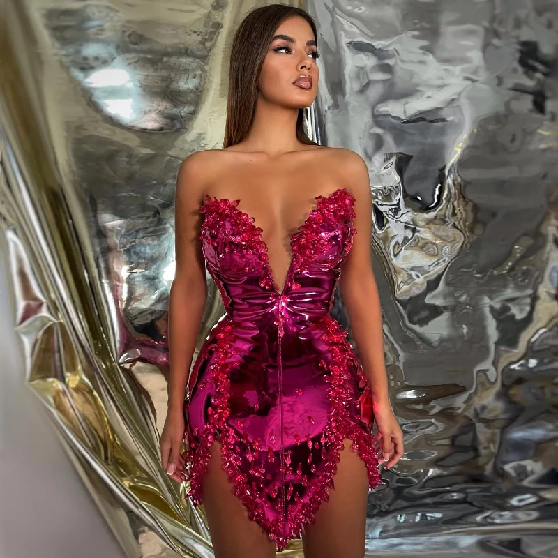Fuchsia Leather Sparkly Short Prom Dresses Sweetheart Glitter Beading Mini Cocktail Dress Chic Women Shiny Leather Party Dress Tunics Spring floral