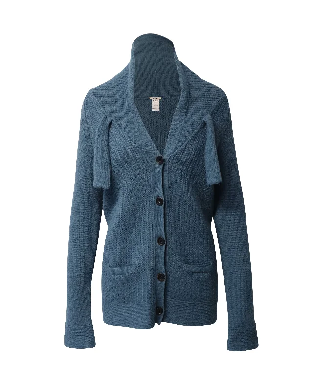 Chloe Deep Neck Cardigan in Blue Wool Rayon Fabric Velvet Fabric Corduroy Fabric