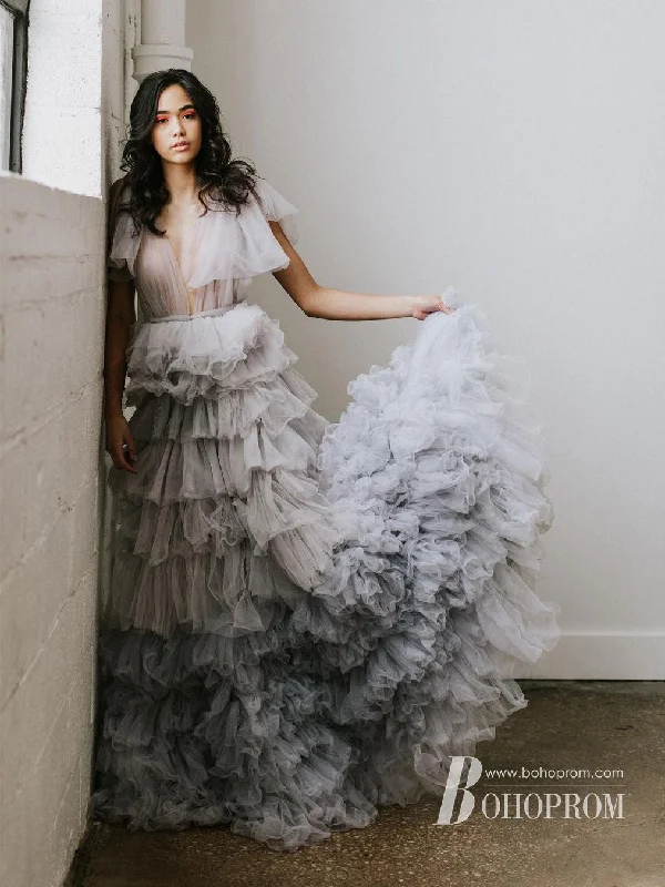 Simple Tiered Tulle Prom Dresses A-line Open Back Long Party Dresses PD678 Turtleneck Neckline Stylish