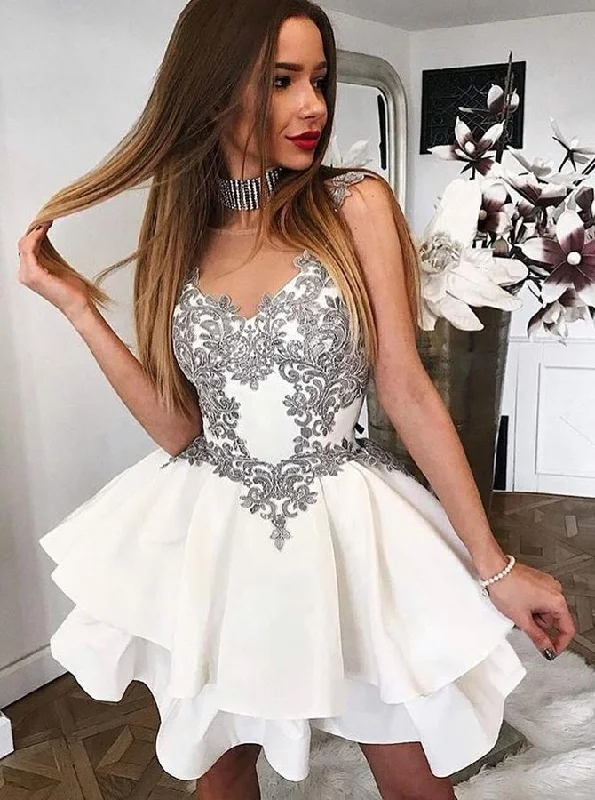 Illusion Neck Appliques Taffeta Short Party Dress With Layered Skirt OM178 Boatneck Modish Everyday