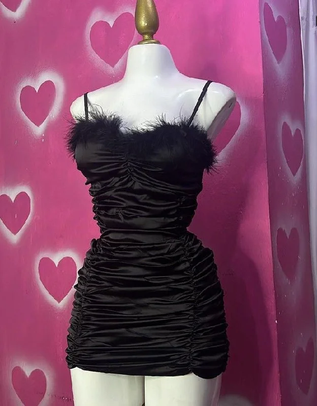 Black Straps Feather Sheath Satin Short Party Dress Homecoming Dress, MD7882 Tunics Essential wardrobe