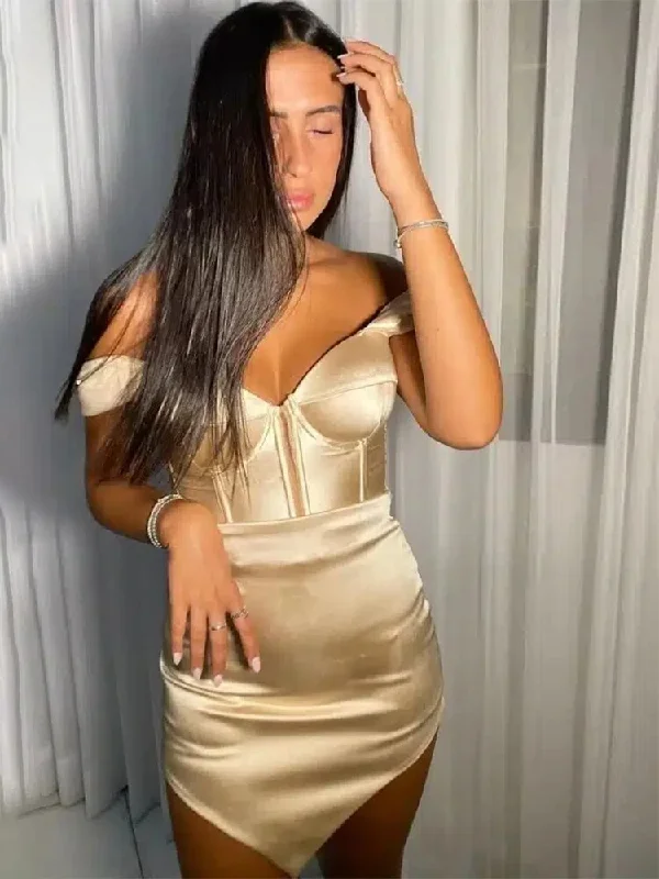 Champagne Satin Cocktail Dresses Asymmetrical Off the Shoulder Cocktail Gowns Mini V Neck Sheath Short Evening Party Dress Tunics Running lightweight