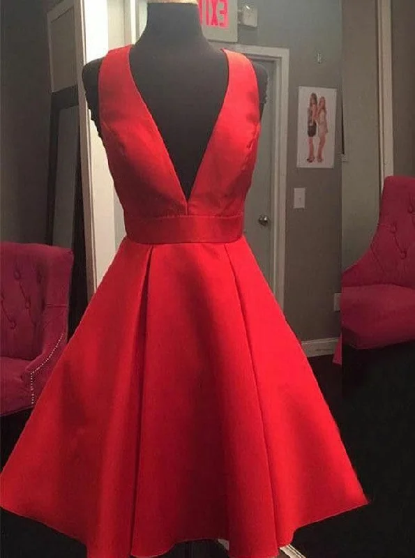 Plunging Neckline Open Back Short Satin Red Cocktail Party Dress With Bowknot OC108 Tunics Occasion special