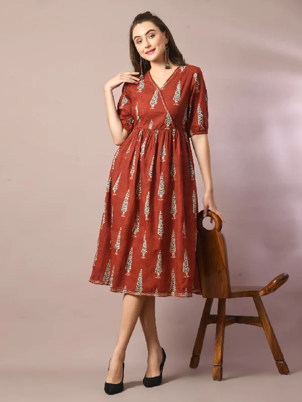Women's  Rust Printed Cotton V-Neck Empire Party Dress  - Myshka Tunics Prom sequined