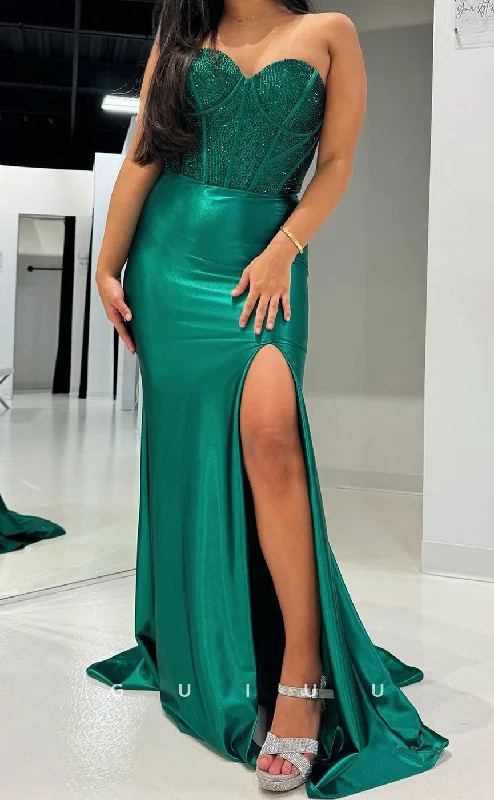 G3738 - Sheath Strapless Sleeveless Beaded Long Prom Party Dress with Slit and Train Crew Neckline Sporty
