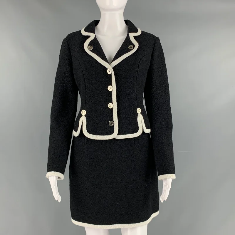 MOSCHINO Size 8 Black White Virgin Wool Contrast trim Single breasted Skirt Suit leather skirt bold
