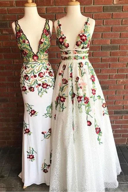 Cheap V Neck Prom Dresses Floor Length Formal Party Dresses with Appliques OKJ2 Tunics Polka dots