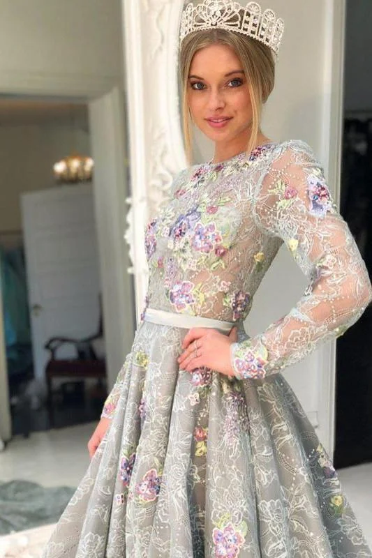 A Line Long Sleeve High Neck Beads Grey Beads Flowers Party Dresses Prom Dresses Cowl Neckline Elegant