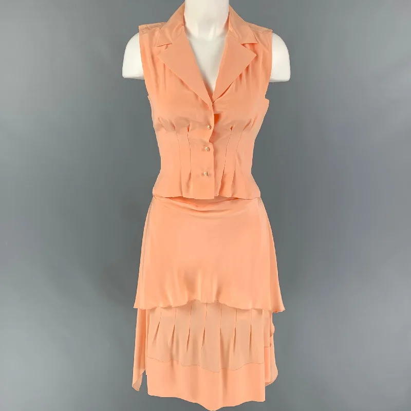 CHANEL AJ508 03P Size 4 Salmon Silk Notch Lapel Skirt Set cashmere skirt soft