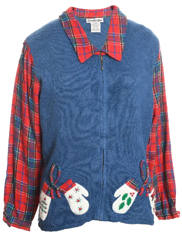 Festive Print Christmas Cardigan - XL Cashmere Blend Cotton Blend Poly Blend