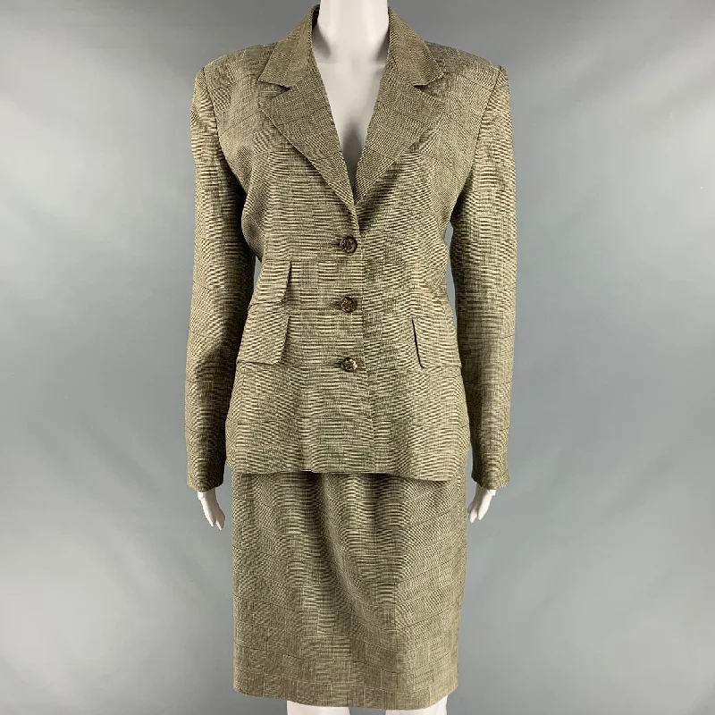 HERMES Size 10 Brown Beige Linen Plaid Single Breasted Skirt Suit low waist skirt