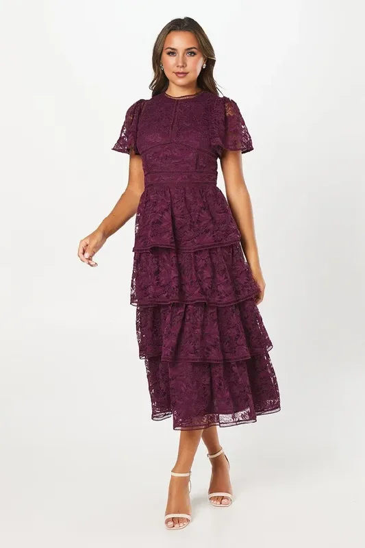 Plum A-Line Tiered Lace Dress With Flutter Sleeve & Trims Wedding Guest Party Dresses Tunics Luxurious premium