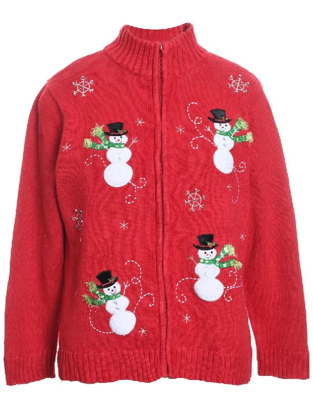 Snowman Design Zip-Front Embroidered Christmas Cardigan - L Embroidered Appliqued Beaded