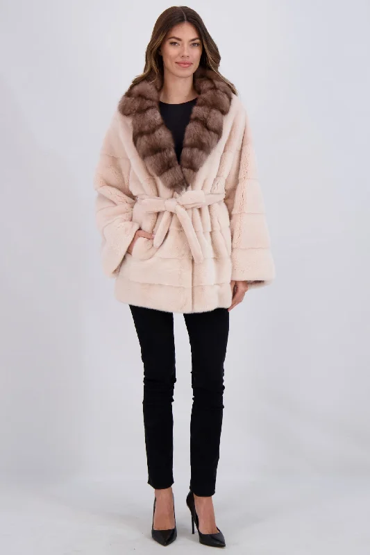 MINK JACKET WITH SABLE COLLAR, BELT Mesh Jacket Canvas Jacket Denim Jacket