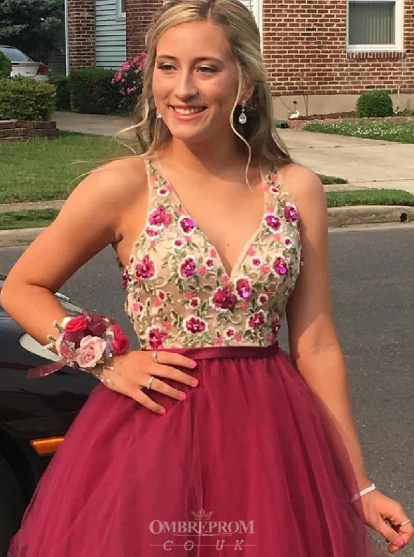 A-line V-neck Embroidered Bodice Short Prom Party Dress OM200 Cowl Neckline Elegant
