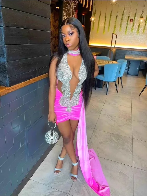 Pink Diamond Short Prom Dresses Black Girls Birthday Party Dresses Beaded African Mini Cocktail Dresses Homecoming Customized Tunics Recommended stylist