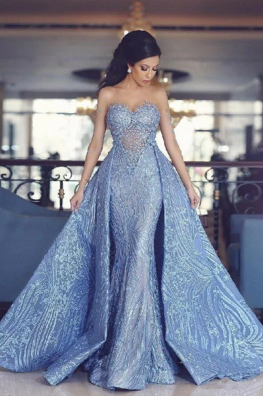 Elegant Blue Long Sleeve Mermaid Appliques Long Prom Dresses, Party Dresses STK15161 A-Line Day Work