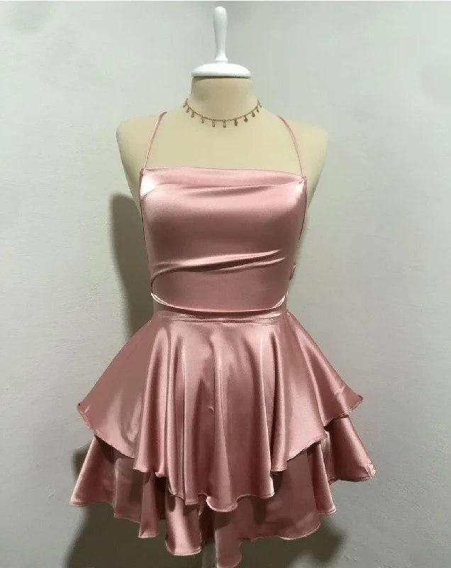 Lovely Pink Straps A-Line Satin Short Party Dress Homecoming Dress MD7466 Glittery Long Formal
