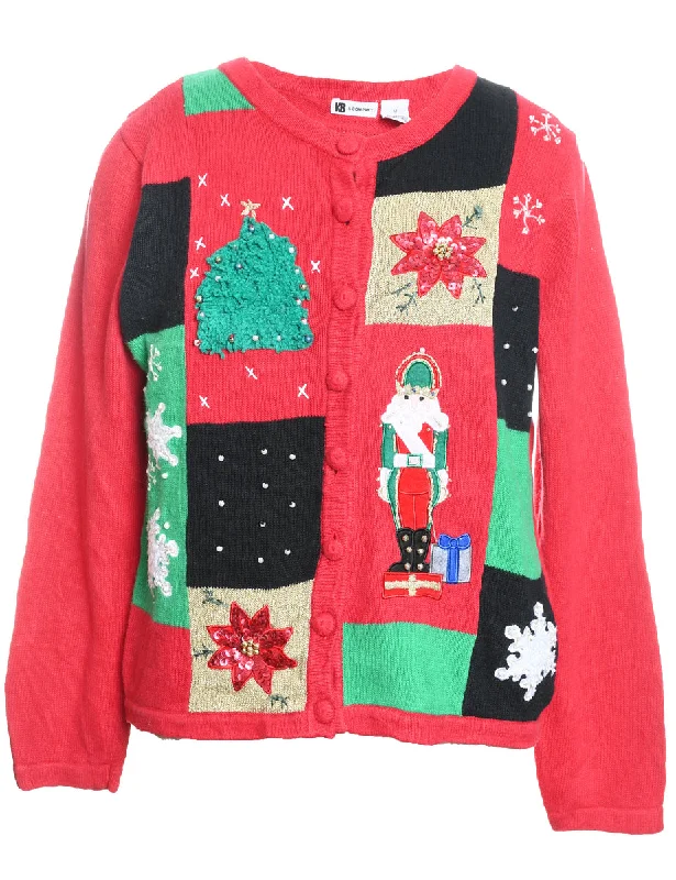 Festive Print Christmas Cardigan - M Solid Color Striped Floral Print