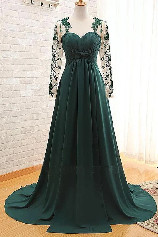 Elegant Long Sleeve Green Chiffon Long Appliqued Prom Dresses Open Back Party Dresses P1069 Bodycon Fitted Nightout