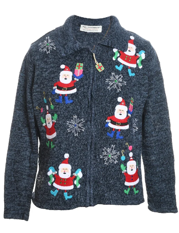 Santa Claus Navy Embroidered Christmas Cardigan - M Ribbed Striped Patterned
