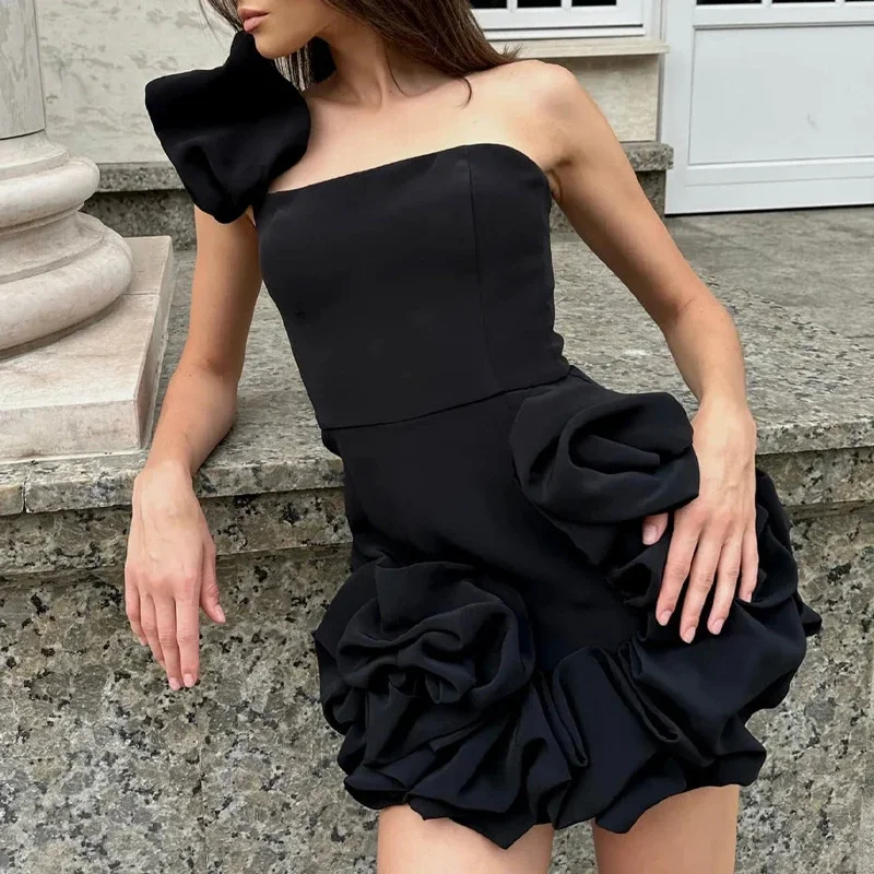 Elegant Temperament Ruffles Short Dress Sexy One Shoulder Sleeveless Evening Dresses Summer Fashion Solid Bodycon Party Dresses Tunics Designer luxury