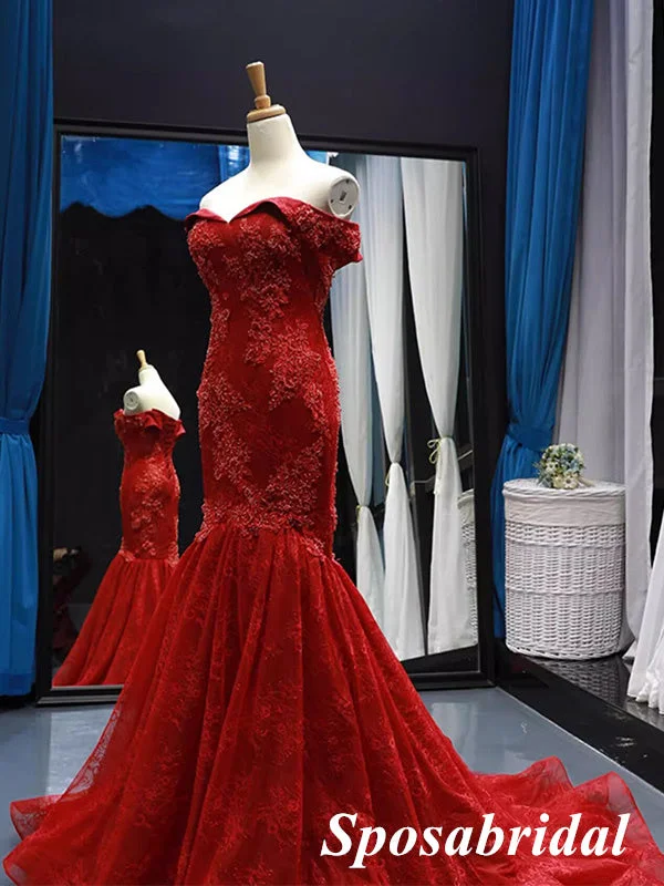 Elegant Red Tulle And Lace Off Shoulder Sleeveless Mermaid Long Prom Dress Formal Party Dress, PD3990 Tunics Velvet soft