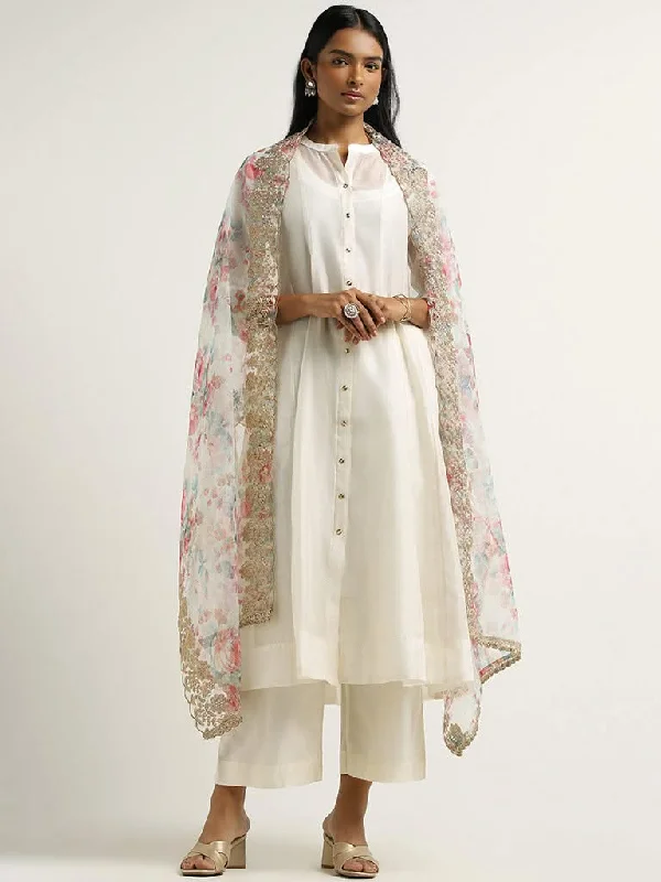Vark White Kurta, Inner, Pants and Embroidered Cotton Blend Dupatta Set Cozy Lounge Pants