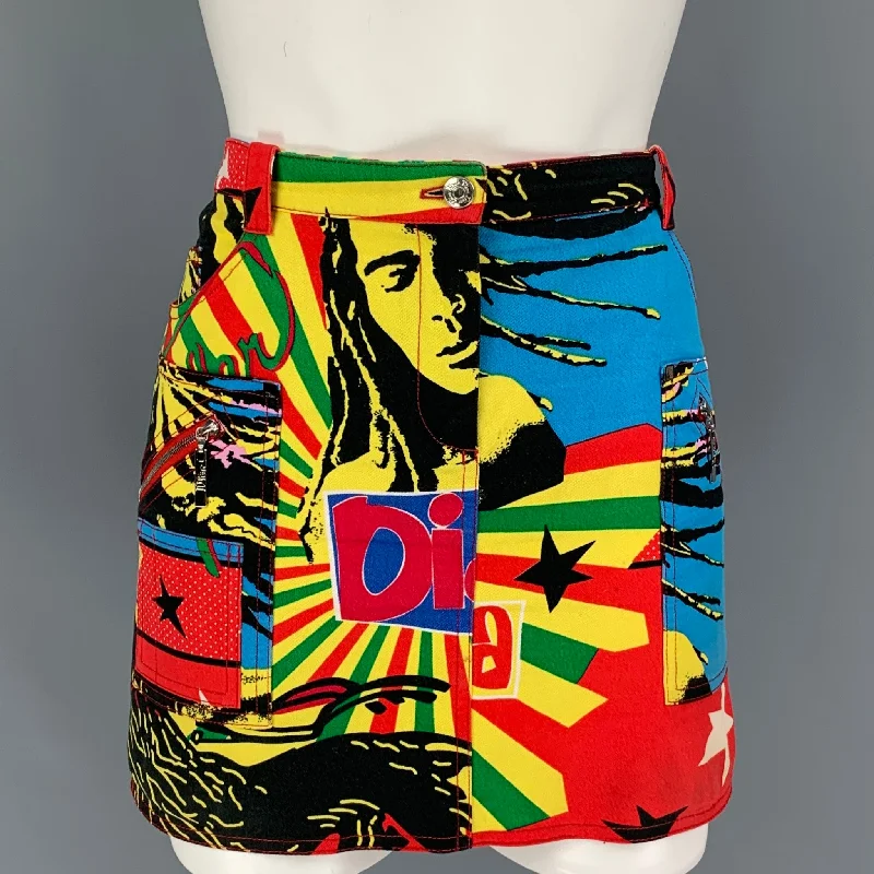 CHRISTIAN DIOR SS04 Rasta Mania Size 8 Multi-Color Cotton Lycra Graphic Mini Skirt chiffon skirt airy