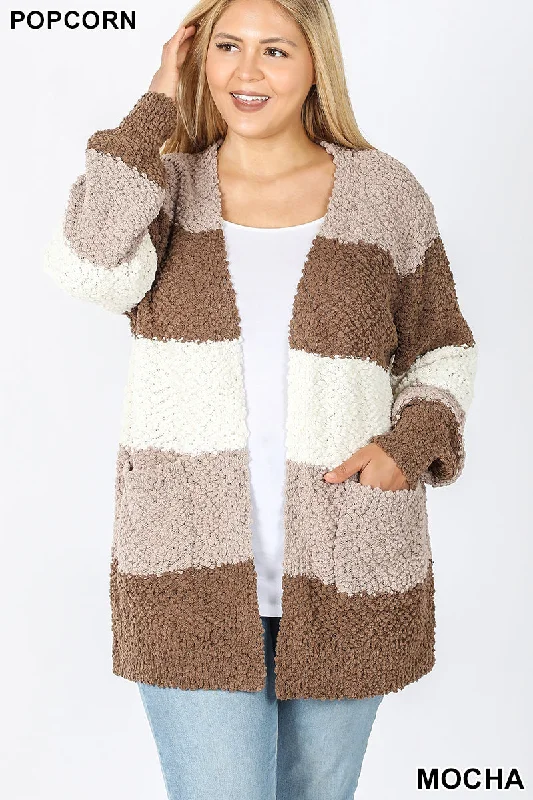 Wide Striped Popcorn Cardigan - Mocha Mix Modern Contemporary chic