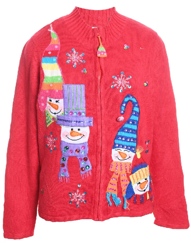 Snowman Design Zip-Front Appliqued Christmas Cardigan - L Machine Wash Dry Clean Hand Wash