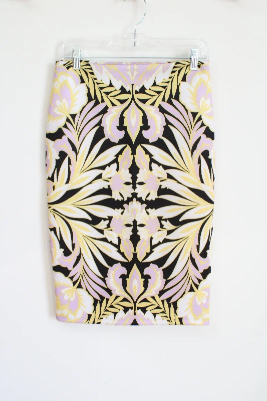 New York & Co. Stretch Yellow Purple Black Fitted Skirt | 4 cotton skirt soft