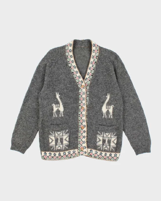 Vintage Alpaca Blend Grey Cardigan - XL Notch Collar Peter Pan Collar Cowl Neck
