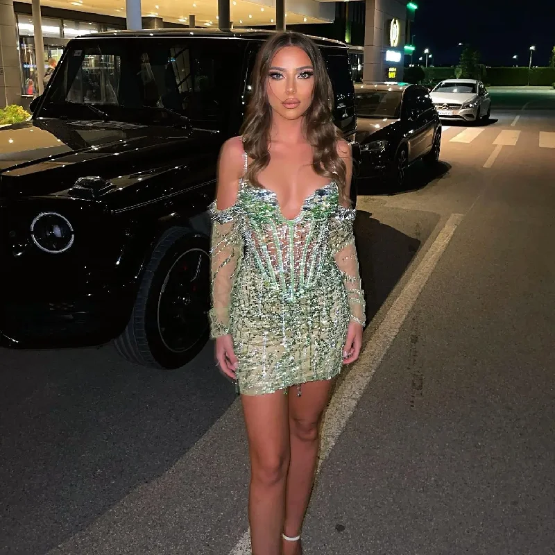 Sparkly Beading Cocktail Dresses Crystal Sexy Short Illusion Women Gowns Mini Prom Party Dress Evening Wear Tunics Cozy soft