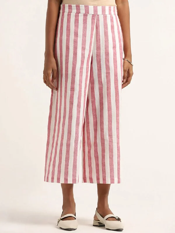 Utsa Pink Striped Cotton Pants Wide-Legged Palazzos