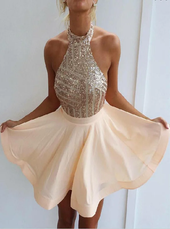 Sexy Sparkly Halter Short Prom Dress Backless Cocktail Party Dress UK OM229 Tunics Floral girly
