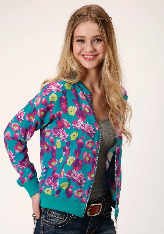 Roper Womens Turquoise/Purple Rayon/Nylon Cactus Floral Jacket Hooded Jacket Caped Jacket Shawl Collar Jacket
