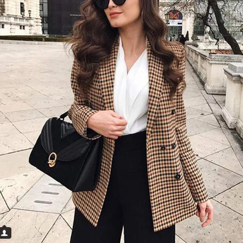 Fashion Autumn Women Plaid Blazers and Jackets Work Office Lady Suit Slim Double Breasted Business Female Blazer Coat Talever Snapped Jacket Toggled Jacket Drawstring Jacket