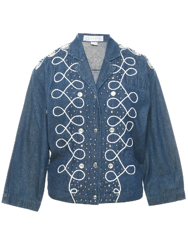 Studded Denim Jacket - S Welt Pockets Slit Pockets Flap Pockets