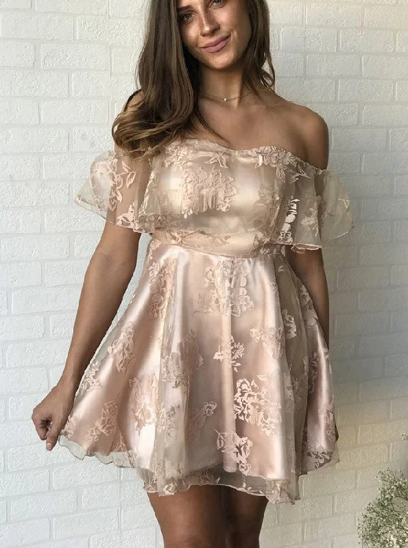 A-line Off the Shoulder Lace Satin Short Homecoming Party Dress OM292 Tunics Summer linen